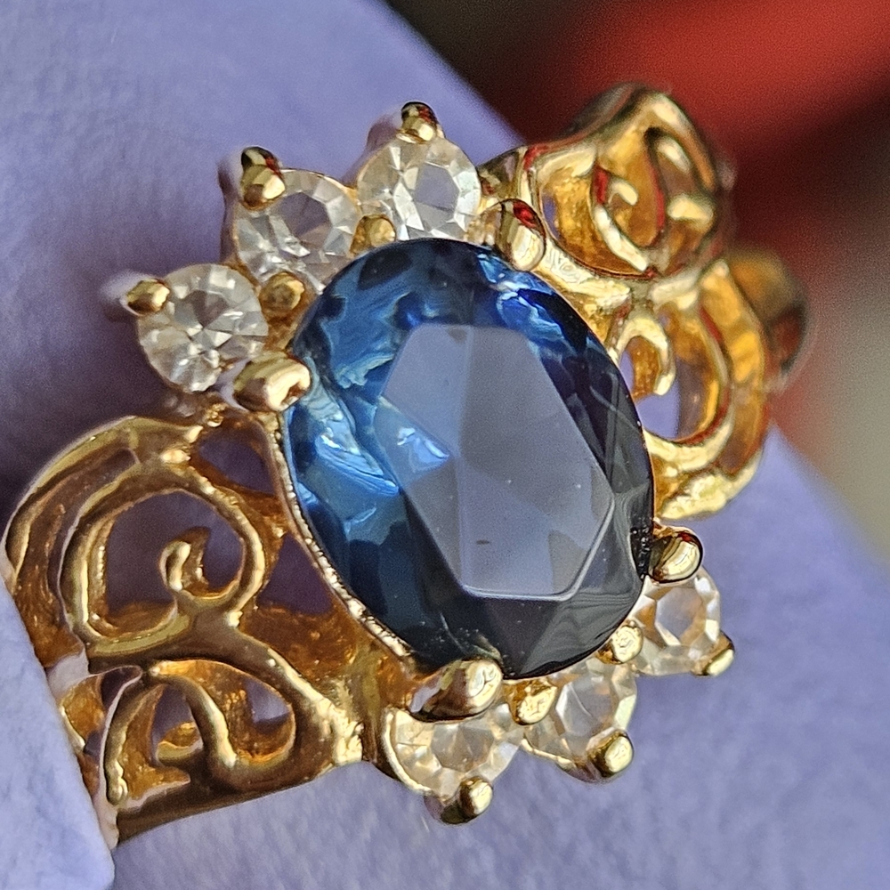 Haviland Gold Ring with Blue Gemstone and Crystal Accents